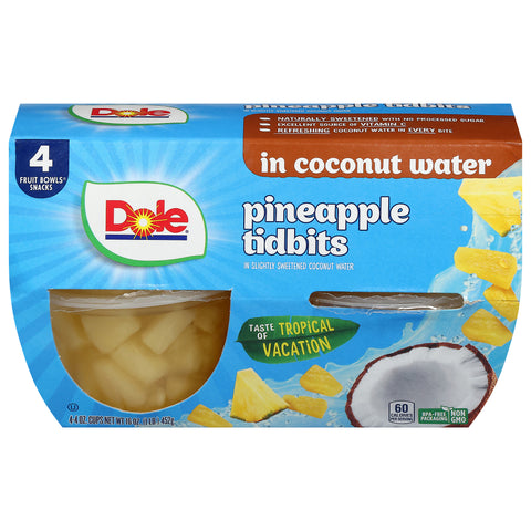 Dole Pineapple Tidbits in Coconut Water 4 - 4 oz Cups - 6 Pack