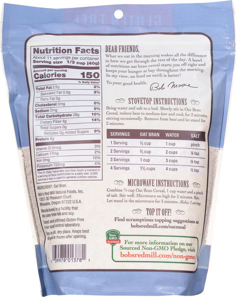 Bob's Red Mill Gluten Free Oat Bran Hot Cereal 16 OZ