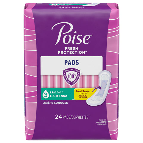 Poise Incontinence Pads & Postpartum Incontinence Pads, 3 Drop Light Absorbency, Long Length, 24 Count (Packaging May Vary) - 24 CT 4 Pack