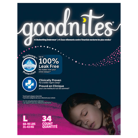 Goodnites Girls' Nighttime Bedwetting Underwear, Size Large (68-95 lbs), 34 Ct