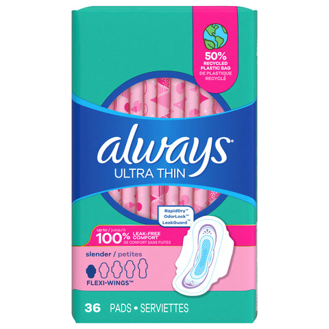 Always Ultra Thin Feminine Pads with Wings for Women, Size 1, Regular Absorbency, Unscented, 36 Count - 36 CT 6 Pack