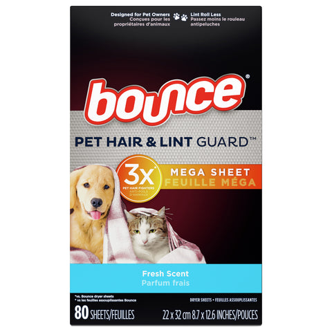 Bounce Pet Hair and Lint Guard Mega Dryer Sheets with 3X Pet Hair Fighters, Fresh Scent, 80 Count - 80 CT 6 Pack