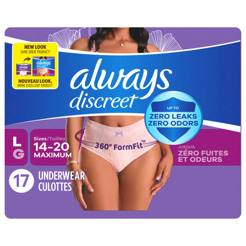 Always Discreet Adult Incontinence Underwear for Women and Postpartum Underwear, L, Up to 100% Bladder Leak Protection, 17 CT, - 17 CT 2 Pack