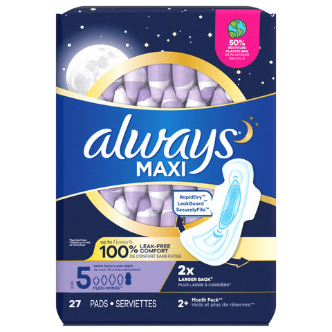 Always Maxi Overnight Pads with Wings for Women, Size 5, Extra Heavy Overnight Absorbency, Unscented, 27 Count - 27 CT 6 Pack
