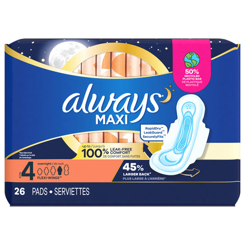 Always Maxi Overnight Pads with Wings for Women, Size 4, Overnight Absorbency, Unscented, 26 Count - 26 CT 6 Pack