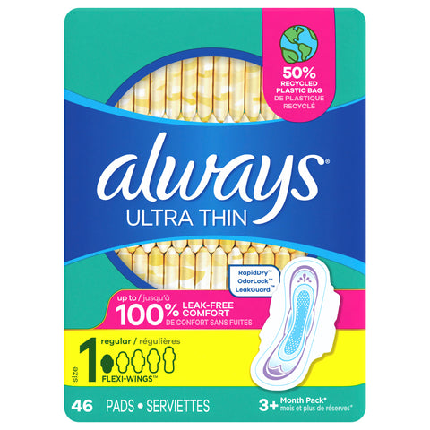 Always Ultra Thin Feminine Pads with Wings for Women, Size 1, Regular Absorbency, Unscented, 46 Count - 46 CT 6 Pack
