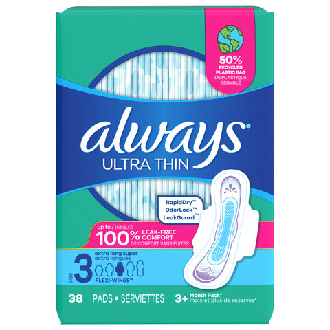 Always Ultra Thin Feminine Pads with Wings for Women, Size 3, Extra Long Super Absorbency, Unscented, 38 Count - 38 CT 3 Pack