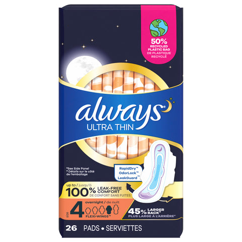 Always Ultra Thin Overnight Pads with Flexi-Wings, Size 4, Overnight, Unscented, 26 Count - 26 CT 6 Pack