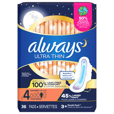 Always Ultra Thin Overnight Pads with Flexi-Wings, Size 4, Overnight, Unscented, 36 Count - 36 CT 6 Pack