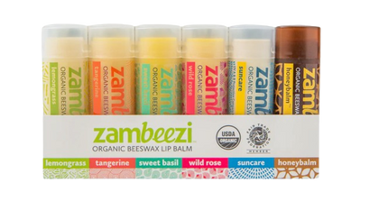 Zambeezi Variety (Lemongrass, Tangerine, Wild Rose, Sweet Basil, Suncare, Honeybalm) Lip Balm 6-Pack - 0.15 OZ 10 Pack