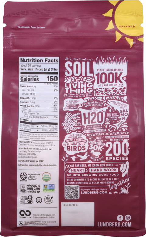 Lundberg Organic Gluten Free California White Basmati Rice 32 OZ