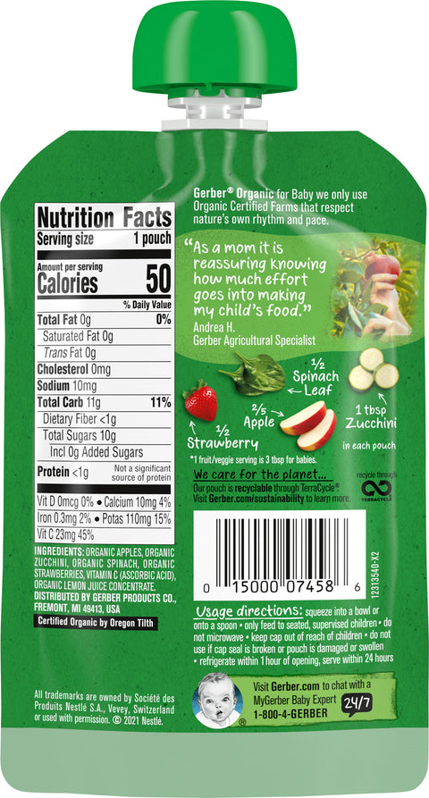 Gerber 2nd Foods Organic Pouch Apples Zucchini Spinach & Strawberries 3.5 OZ