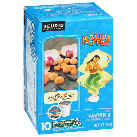 Kauai Coffee Ground 10% Hawaiian Vanilla Macadamia Nut Coffee 10 K-Cup Pods
