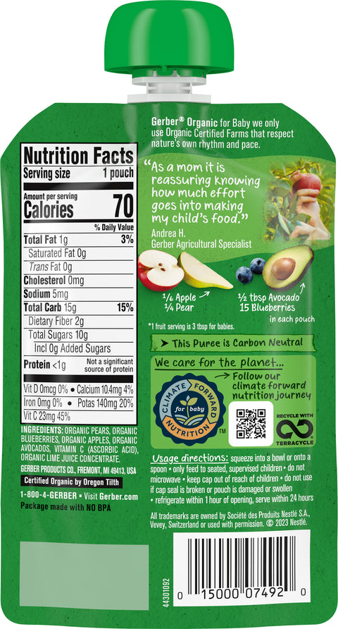 Gerber 2nd Foods Organic Pouch Pears Blueberries Apple & Avacado 3.5 OZ