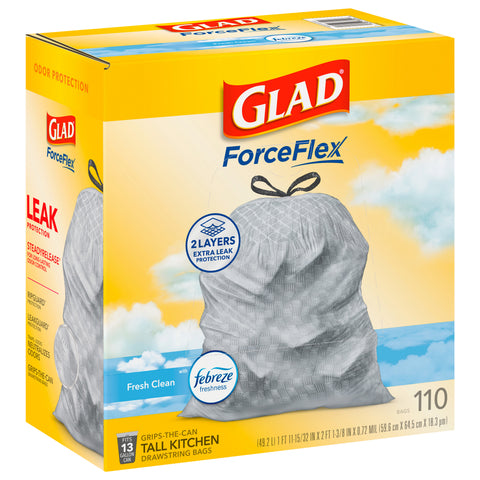Glad ForceFlex Febreze Fresh Clean 13 Gallon Tall Kitchen Drawstring Bags 110 CT