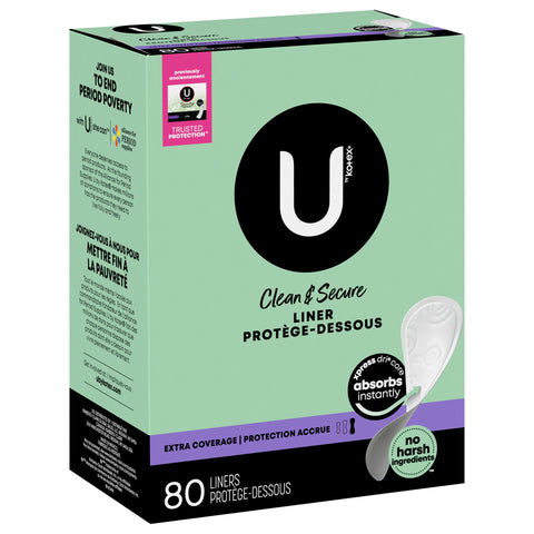 U by Kotex Clean & Secure Panty Liners, Light Absorbency, Extra Coverage, 80 Count