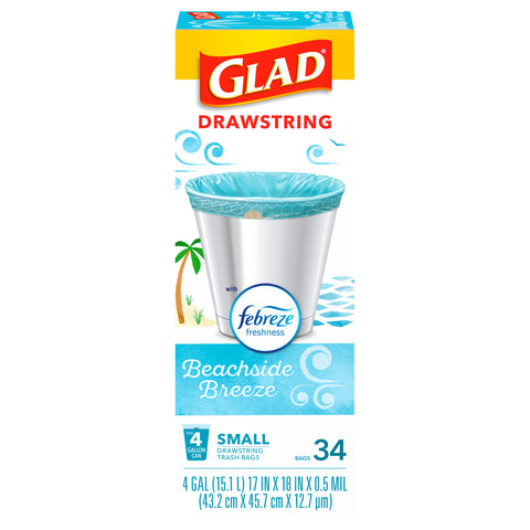 Glad Drawstring Plus Febreze Beachside Breeze Small Trash Bags 34 CT
