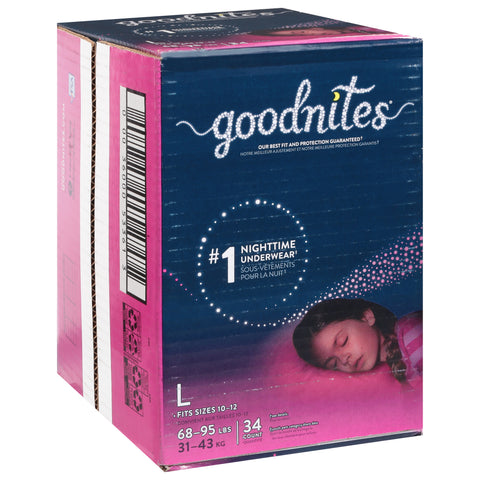 Goodnites Girls' Nighttime Bedwetting Underwear, Size Large (68-95 lbs), 34 Ct
