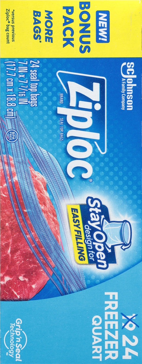 Ziploc Quart Freezer Seal Top Bags Bonus Pack 24 Bags