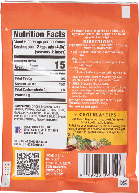 Cholula Chili Garlic Taco Seasoning Mix  1 OZ