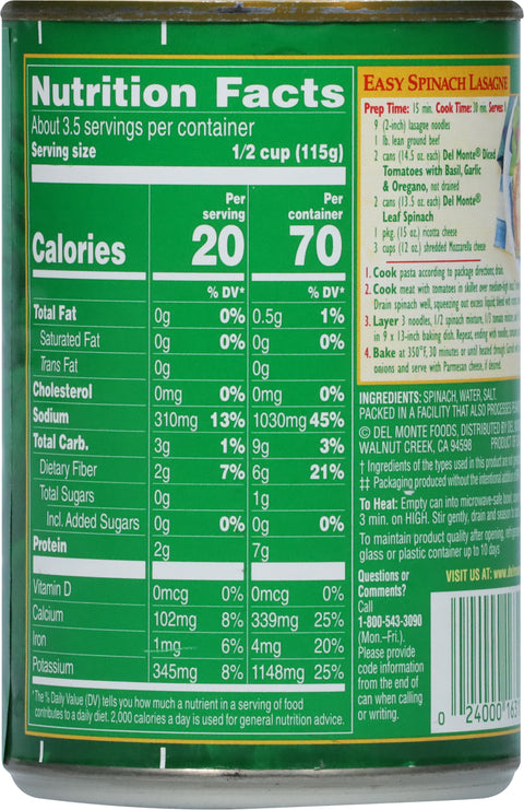 Del Monte Vegetables Fresh Cut Whole Leaf Spinach 13.5 OZ