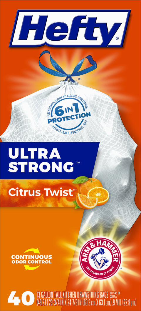 Hefty Ultra Strong 13 Gallon Drawstring Citrus Twist Tall Kitchen Bags 40 ea