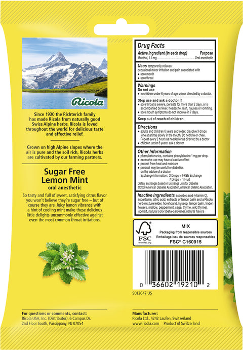 Ricola Sugar Free Cough Drops Lemon Mint 19 CT