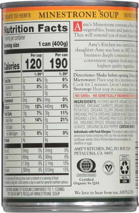 Amy's Organic Light In Sodium Low Fat Minestrone 14.1 OZ