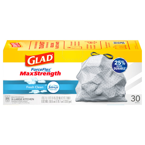 Glad ForceFlex Plus Febreze Fresh Clean 20 Gallon X-Large Kitchen Drawstring Bags 30 CT
