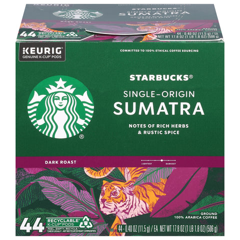 Starbucks Dark Roast Ground 100% Arabica Single-Origin Sumatra Coffee 44 - 0.40 oz K-Cup Pods - 4 Pack