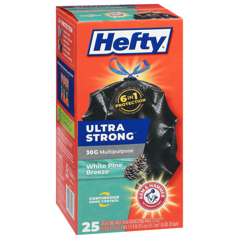 Hefty Ultra Strong White Pine Breeze 30 Gallon Large Trash Drawstring Bags 25 CT