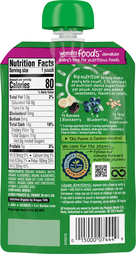 Gerber 2nd Foods Organic Pouch Banana Blueberry & Blackberry Oatmeal 3.5 OZ