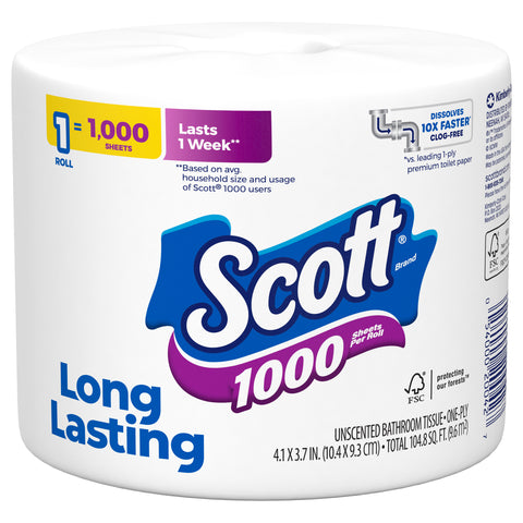 Scott 1000 Toilet Paper, 1 Roll, Septic-Safe, 1-Ply Toilet Tissue - 1000 CT 36 Pack