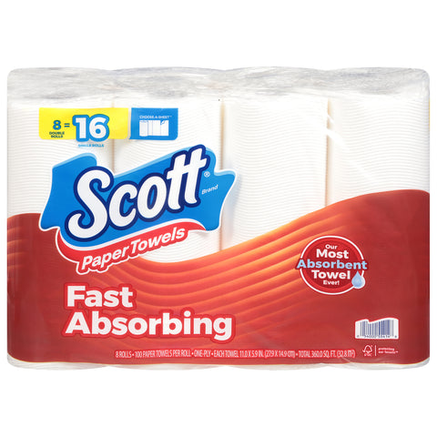 Scott One-Ply Fast Absorbing Paper Towels Double Rolls 8 ea - 800 CT 4 Pack
