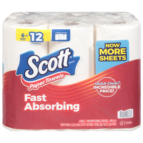 Scott One-Ply Choose-A-Sheet Fast Absorbing Paper Towels Double Rolls 6 ea - 648 CT 4 Pack