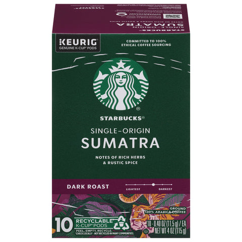 Starbucks Single-Origin Dark Roast Ground Sumatra Coffee 10 - 0.40 oz K-Cup Pods - 6 Pack