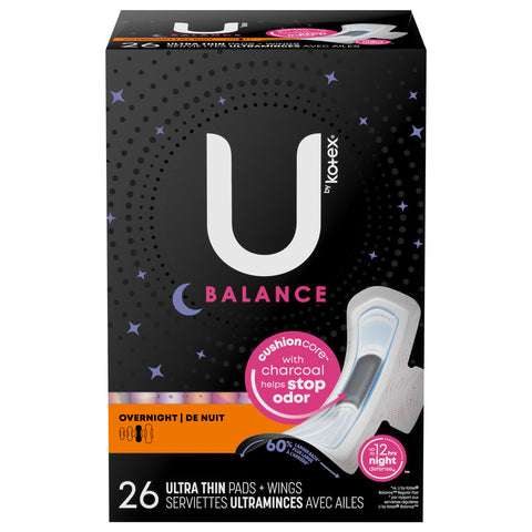 U by Kotex Balance Overnight Ultra Thin Pads + Wings 26 ea