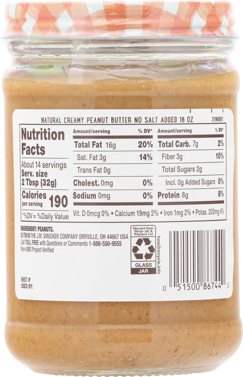 Smucker's No Salt Added Creamy Natural Peanut Butter 16 oz