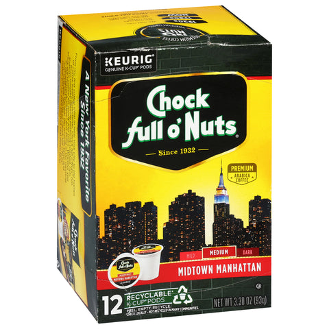 Chock Full O'Nuts Medium Roast Midtown Manhattan Coffee 12 K-Cup Pods