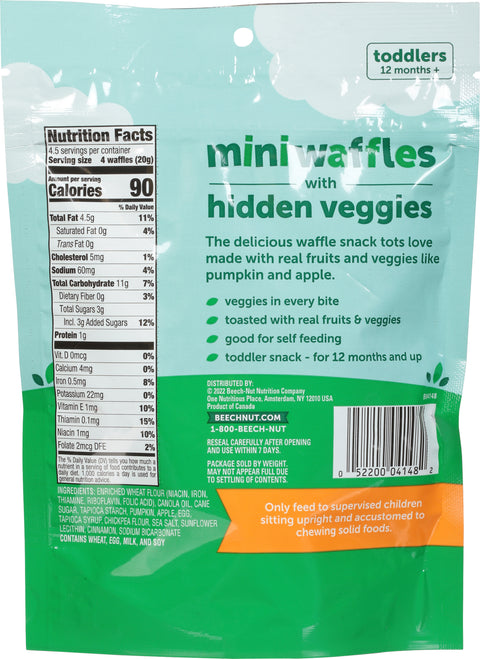 Beech-Nut Mini Waffles Pumpkin Apple Cinnamon Hidden Veggies Toddler Snack 3.2 OZ