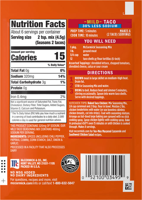 McCormick Mild Less Sodium Taco Mix - 1 OZ 12 Pack