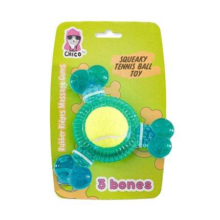 Jojo Modern Pets Eco-Friendly TPR 3-Bone Tennis Ball Squeak Chew Dog Toy - 1 CT 10 Pack