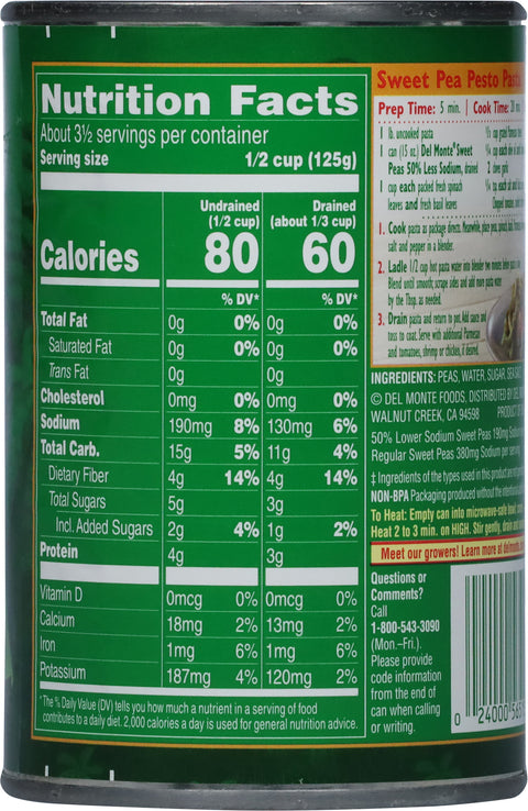 Del Monte Vegetables Fresh Cut Sweet Peas Low Salt 15 OZ
