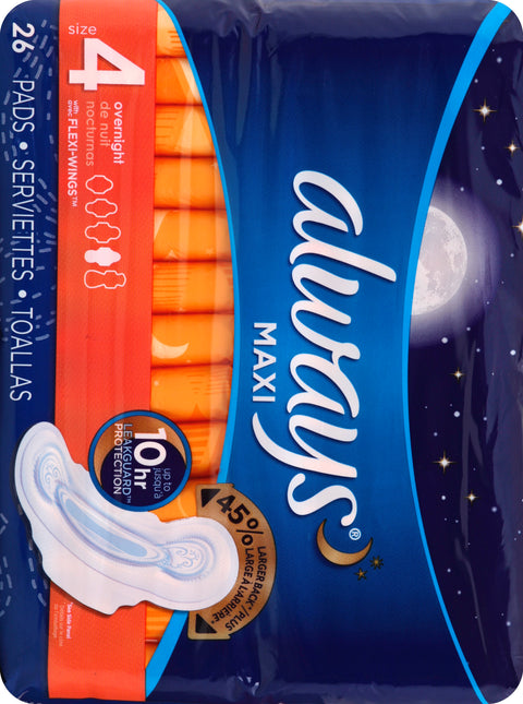 Always Maxi Overnight Pads with Wings for Women, Size 4, Overnight Absorbency, Unscented, 26 Count