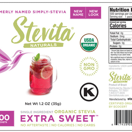 Stevita Naturals Stevita Extra Sweet Organic Pure Stevia Packets - 500 CT 4 Pack
