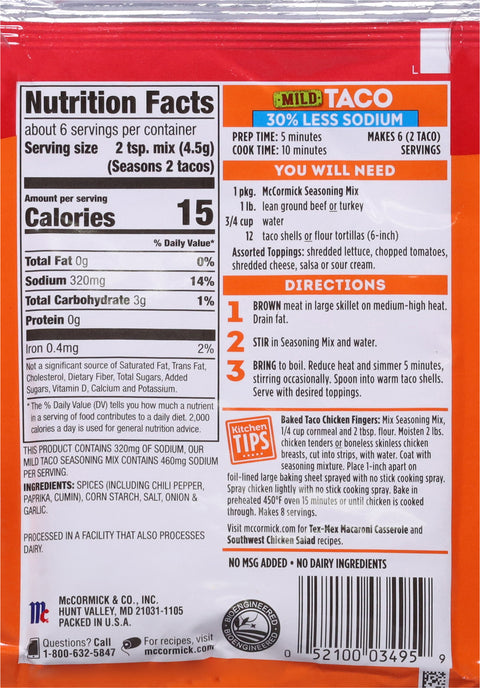 McCormick Mild Less Sodium Taco Mix 1 OZ