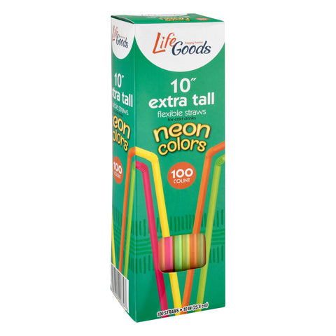 Life Goods 10" Extra Tall Flexible Neon Colors Straws 100 ea - 100 CT 12 Pack