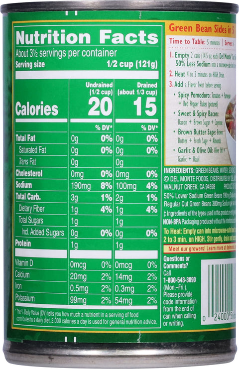 Del Monte Vegetables Fresh Cut Green Beans Low Salt 14.5 OZ