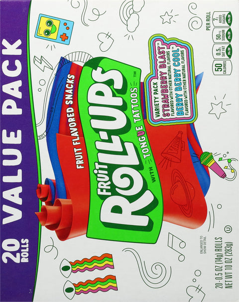 Fruit Roll-Ups Strawberry Blast/Berry Berry Cool Fruit Flavored Snacks with Tongue Tattoos Variety Pack Value Pack 20