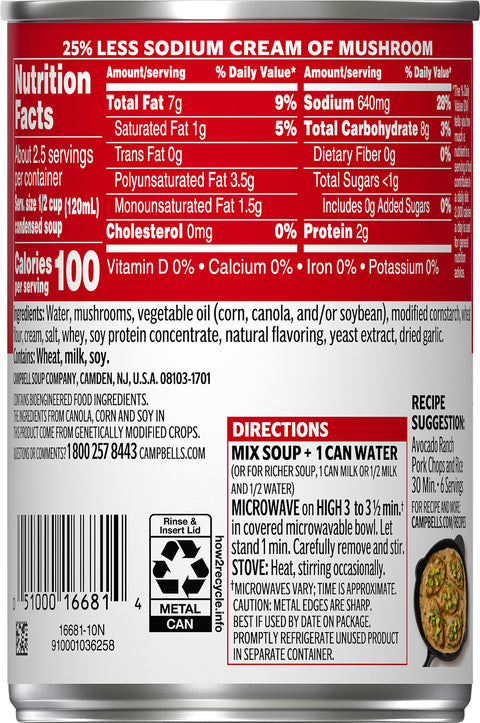 Campbell's Red & White Soup 25% Less Sodium Cream Of Mushroom 10.5 OZ
